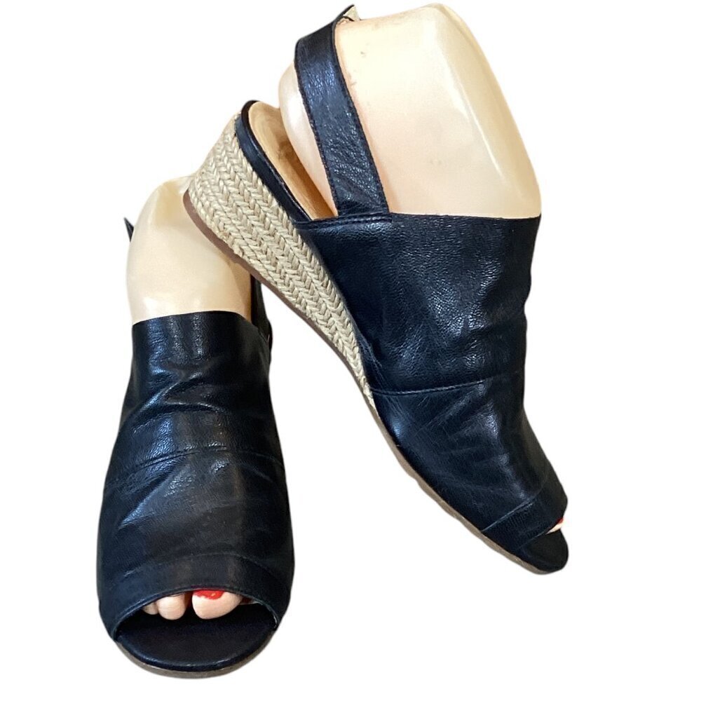 Nurture Mylene Leather Espadrille Wedge Sandals Open Toe Sz 6M Black‎ #280D